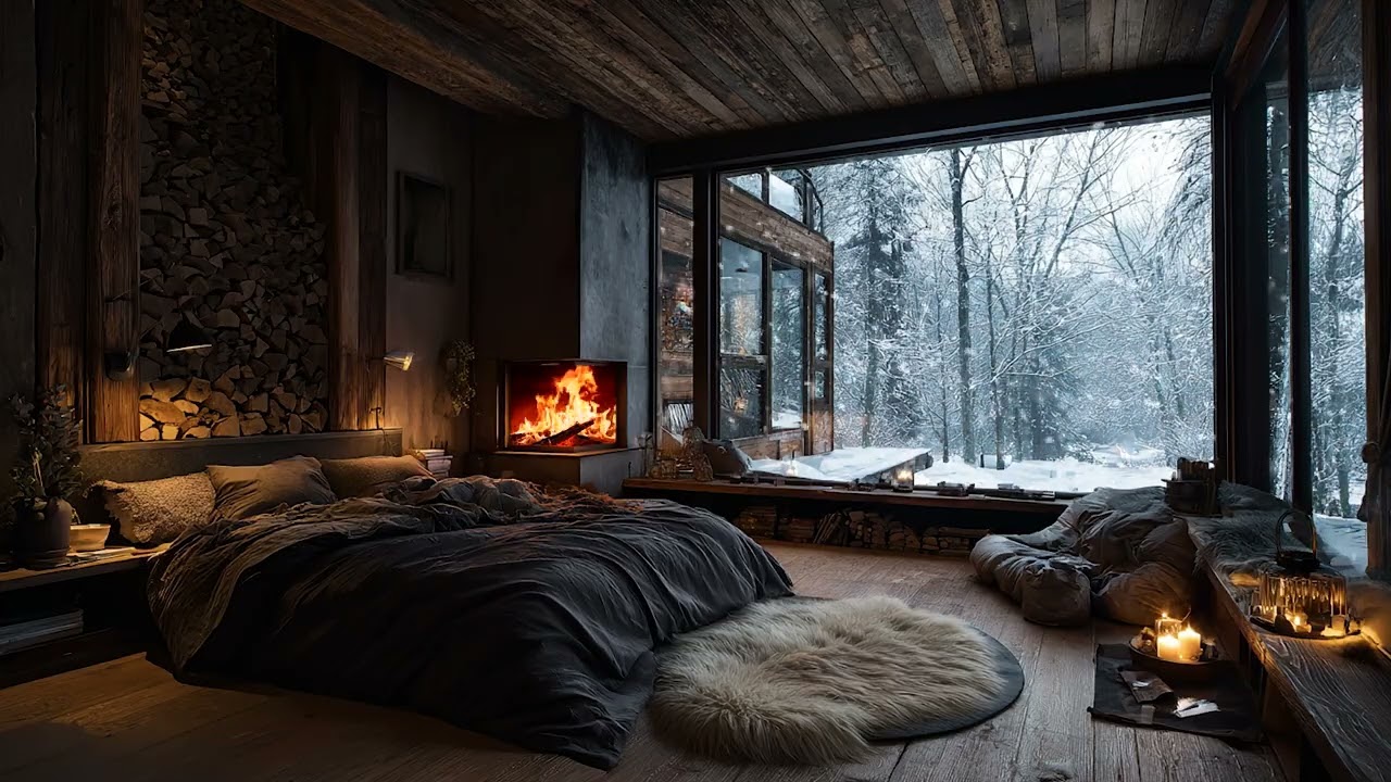 Cozy Fireplace with Winter Wind Sounds for Anxiety Relief and Nighttime Relaxation