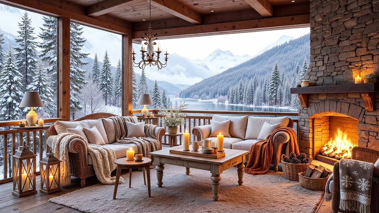 Relaxing Winter in Cozy Porch Ambience ❄️ 🔥Smooth Piano Music & Fireplace for Work, Relax