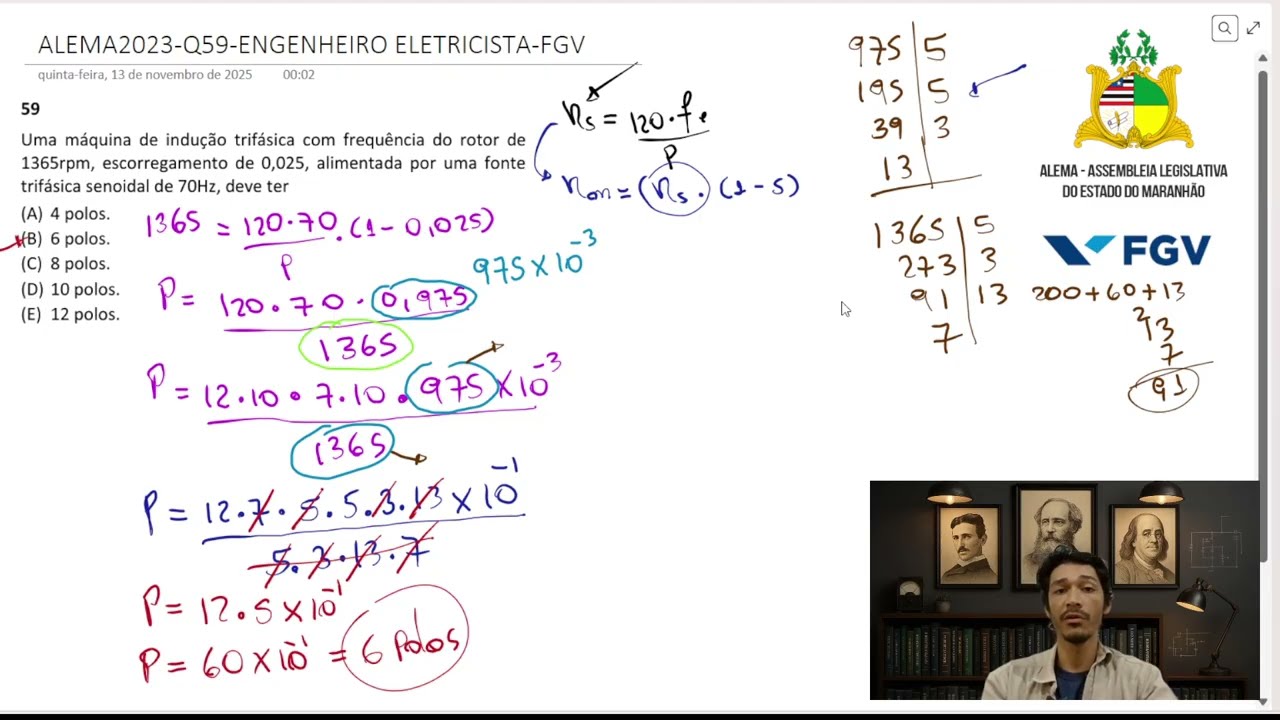 FGV / Polos de uma Máquina - Engenharia Elétrica - Questão 59 - ALEMA2023 - Máquinas Elétricas
