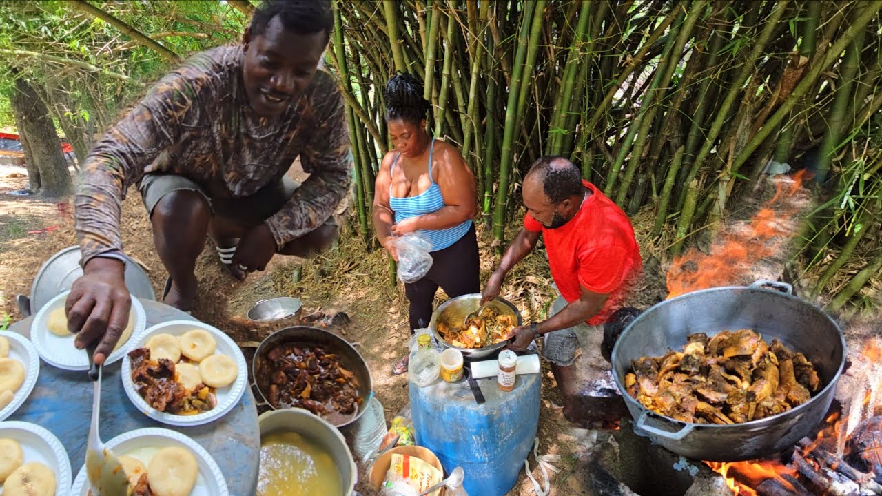 Curry brown stew wild hog roast breadfruit dumpling and banana River vibes cook up