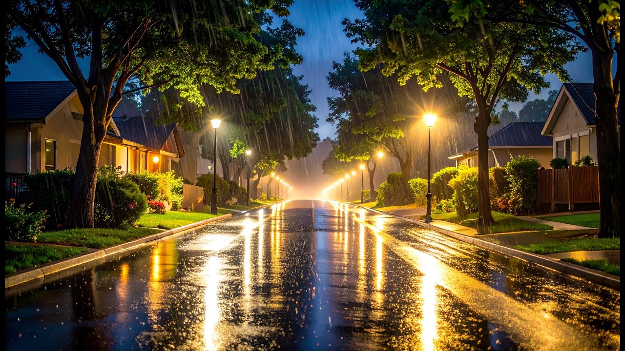 4 Hours Heavy Rain & Thunder | Quiet Suburban Street | Night Rain Sounds for Deep Sleep & Relaxation