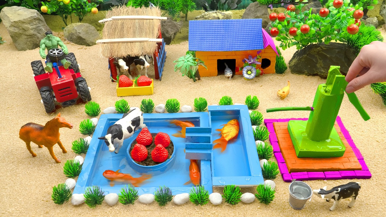 DIY mini Farm Diorama with cow shed | Water Pump Filling Goldfish Pond and Strawberry Garden