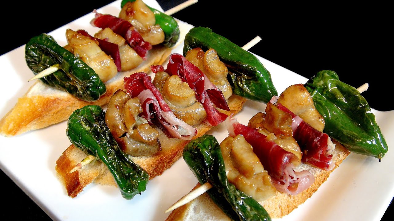 Brocheta de champiñon, jamon y pimiento verde, Recetas de pintxos