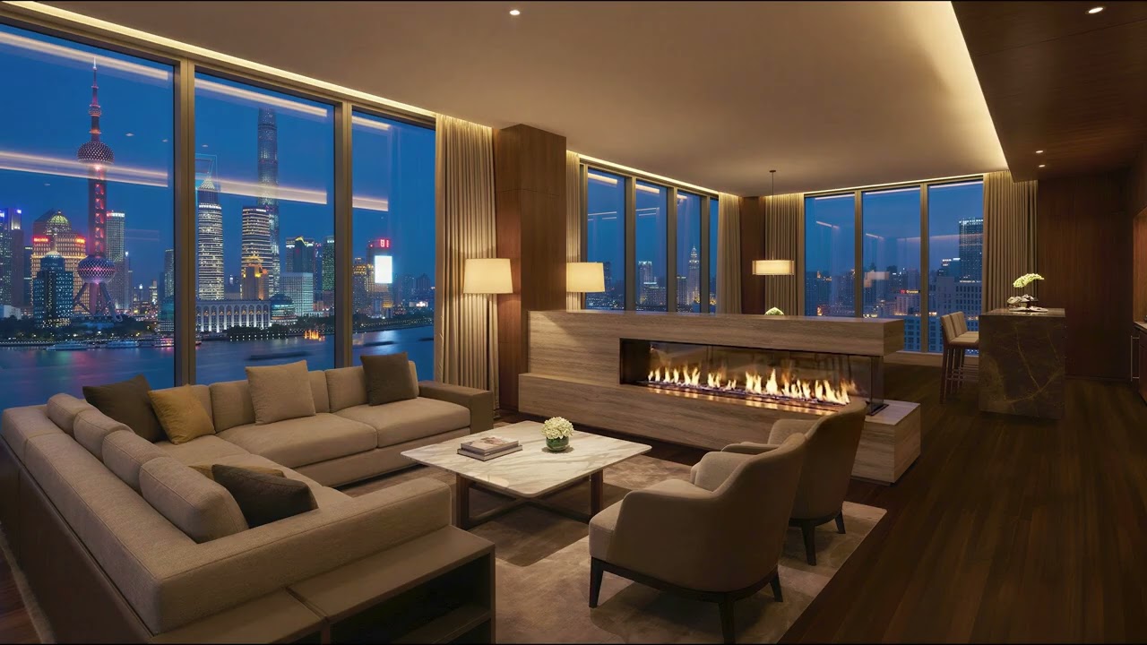 Luxury Penthouse Fireplace Ambience | Night City Skyline & Crackling Fire | 4K 7 Hours for Sleep