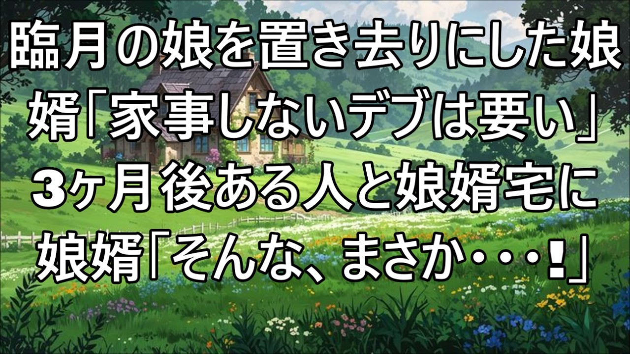 【スカッとする話】臨月の娘を我が家に置き去りにした娘婿「家事しないデブは必要ない！嫁の再教育よろしく」私「えぇそうするわ！」３か月後、ある人と娘婿のところに乗