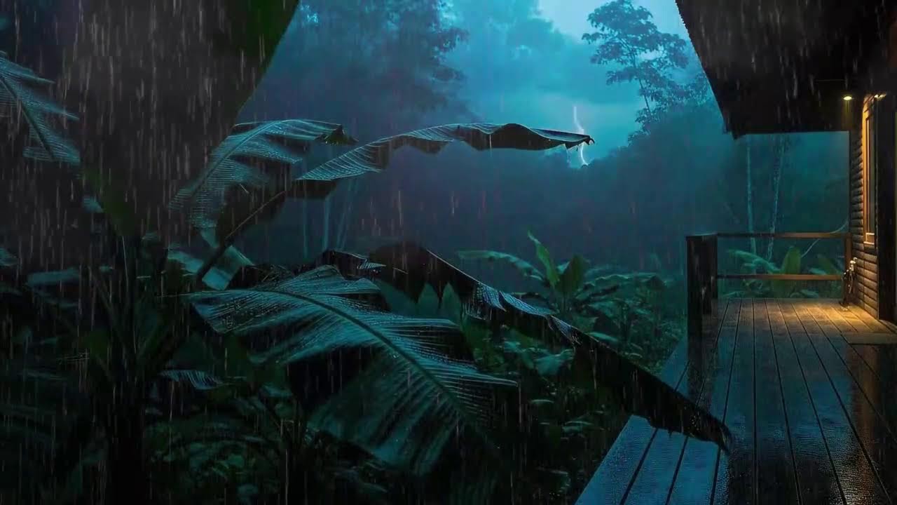 Sleep Now with Warm Rain Sounds and Distant Thunder Echo at Wooden Cabin Terrace 🌧️