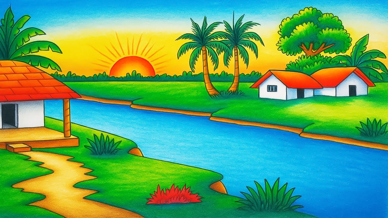 Beautiful Sunset Scenery Drawing | How to Draw Village with Trees & River | Sunset Village Drawing