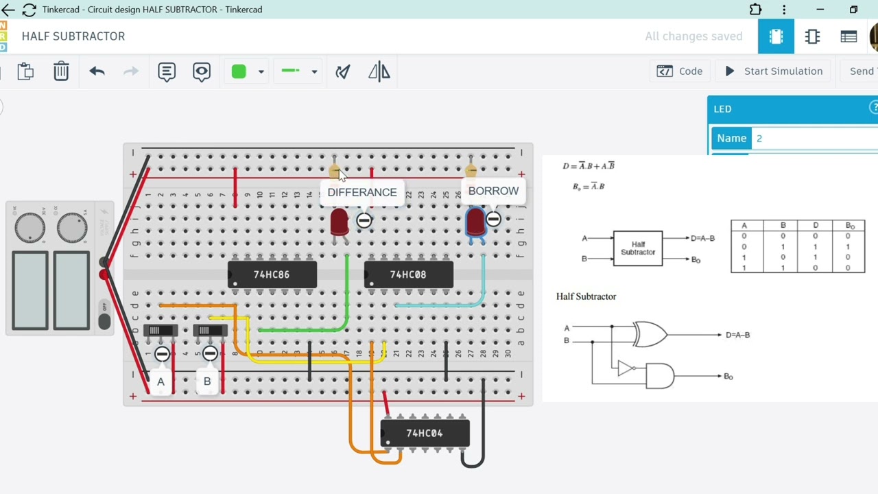 HALF SUBTRACTOR ON TINKERCAD