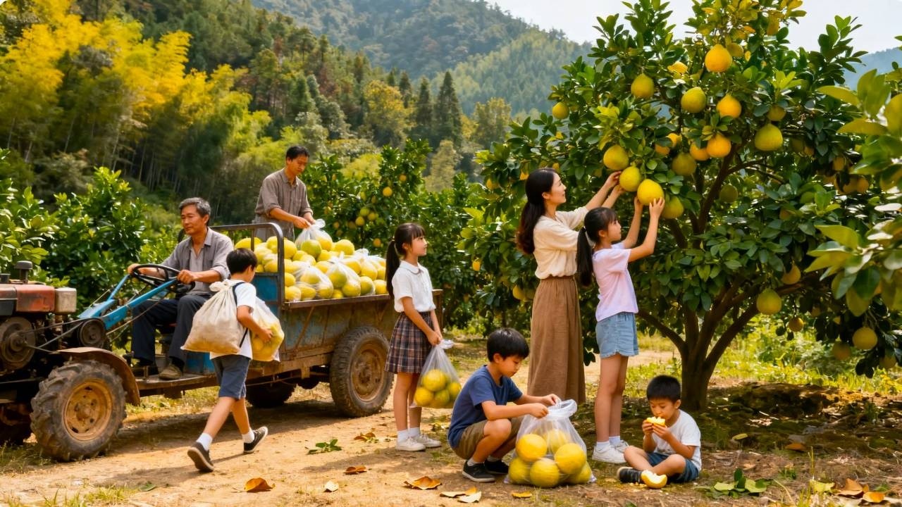 【一家七口隐居深山】很快就过年了，妈妈和孩子们上山摘点柚子回来留着吃，又是开心的一天#农村生活#vlog#山居生活