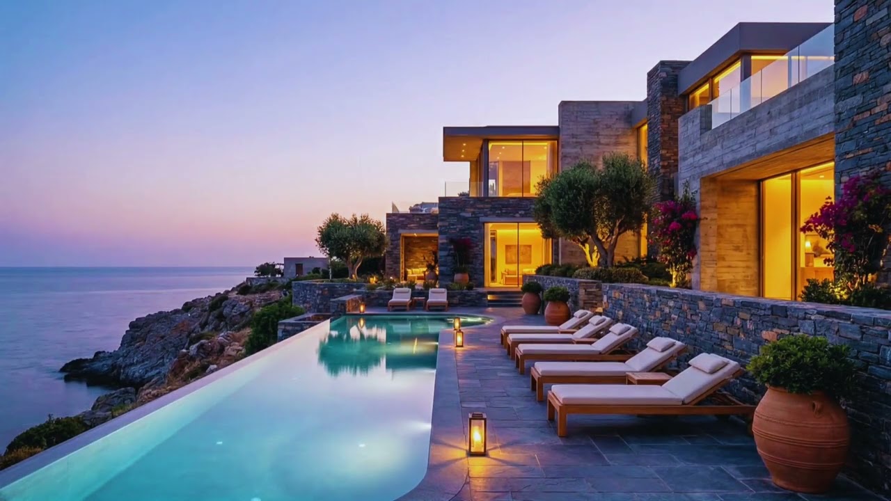 4K Modern Coastal Cliffside Villa at Twilight 🌊 Luxury Ocean Ambience with Chillout Music