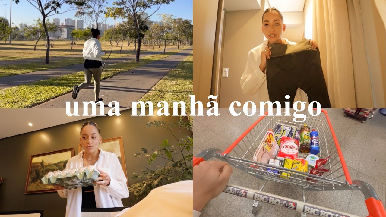 Rotina 5AM, mercado, corrida no parque, roupas de treino, organizando as compras…