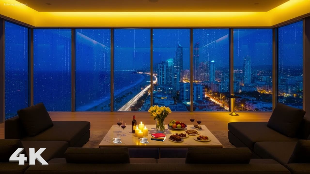 Rainy Night Jazz in Luxury Ocean View Penthouse 🌧️ Smooth Piano & Sax for Deep Sleep