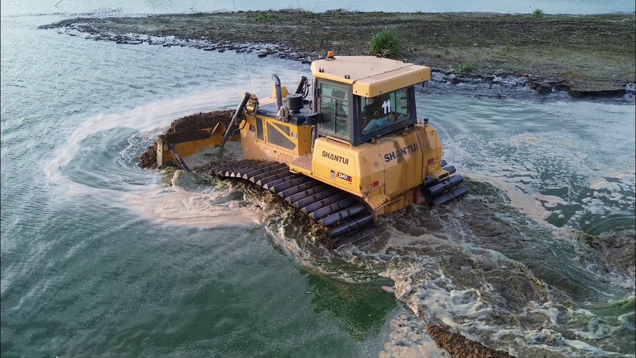 New Update Filling Sand into a Pond Operate By SHANTUI DH17c Bulldozer & heavy Dump Truck loading