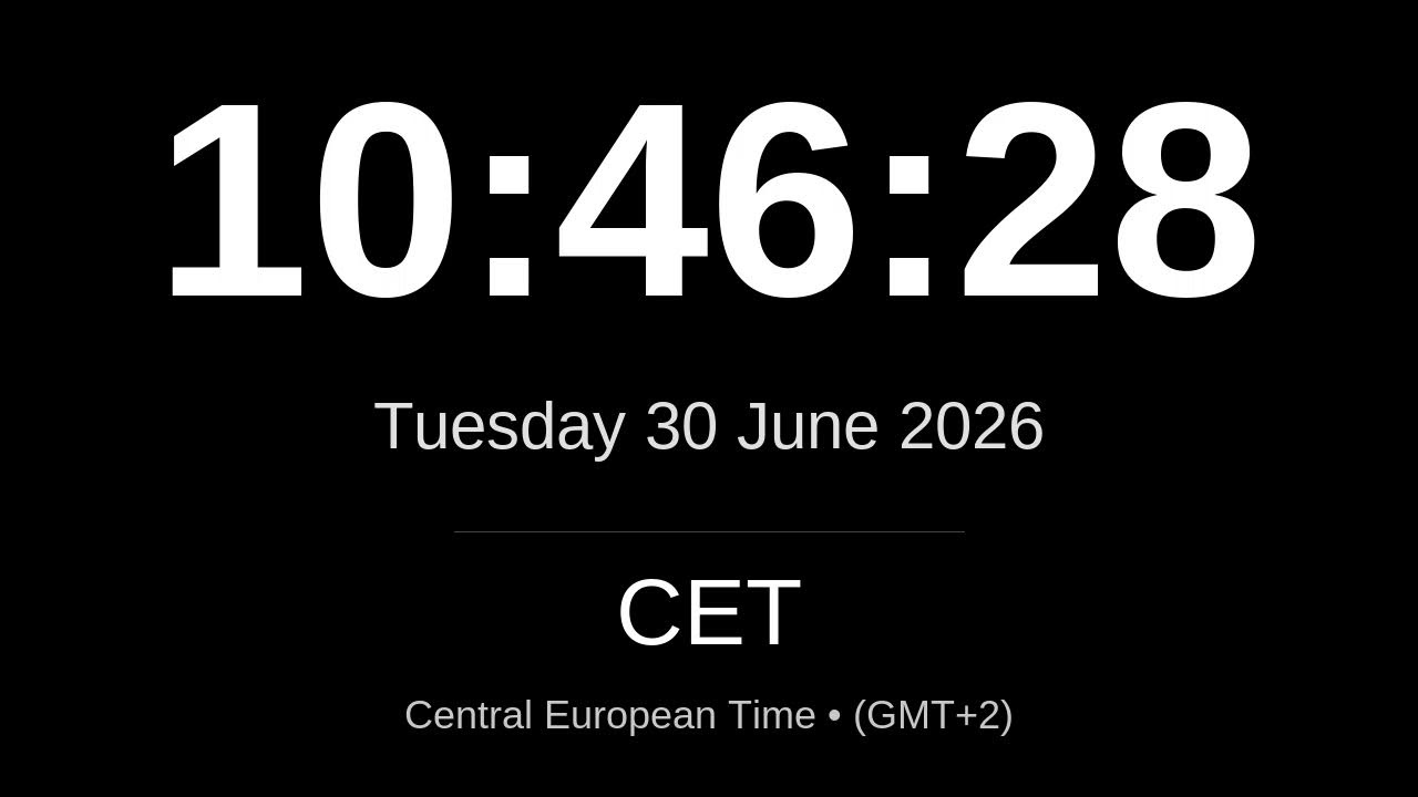 🕒 LIVE: CET Clock | Current Time in Central European Time (CET) - Berlin, Paris, Madrid, Rome