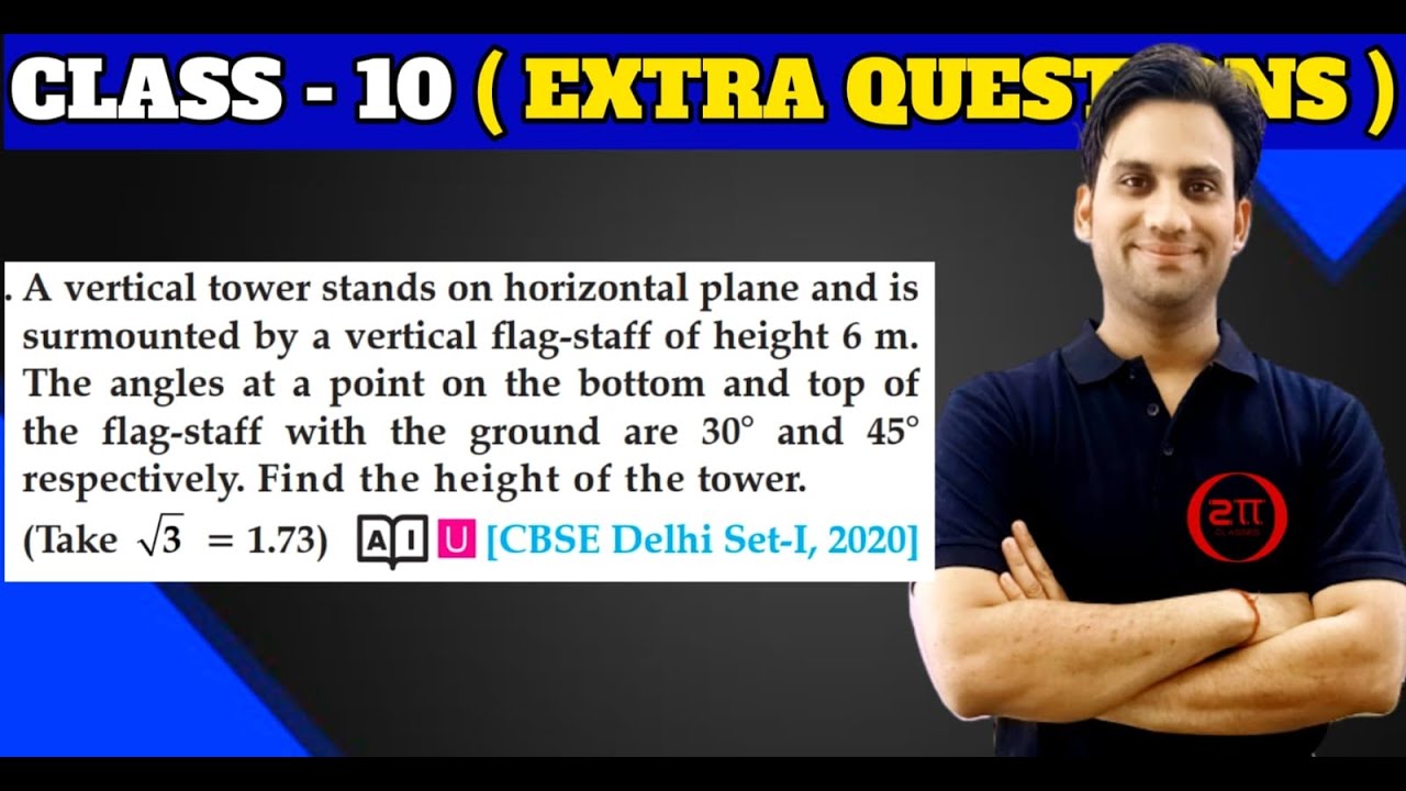 A vertical tower stands on horizontal plane and is surmounted by a vertical flag-staff of height 6 m