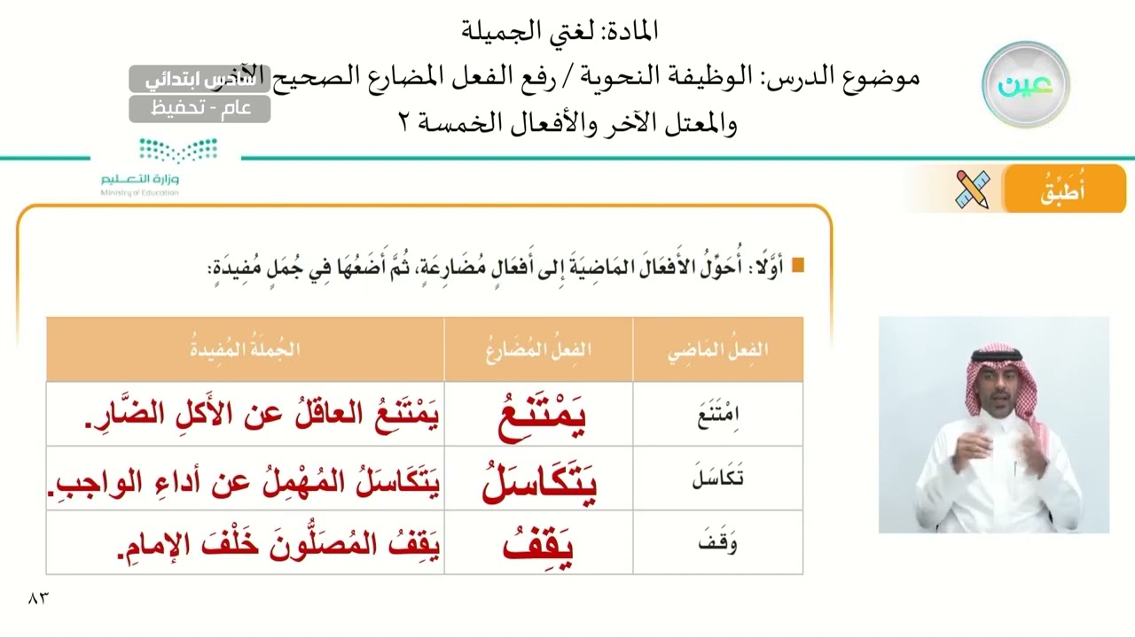 الوظيفة النحوية /رفع الفعل المضارع الصحيح الآخر والمعتل الآخر والأفعال الخمسة٢ - لغتي الجميلة