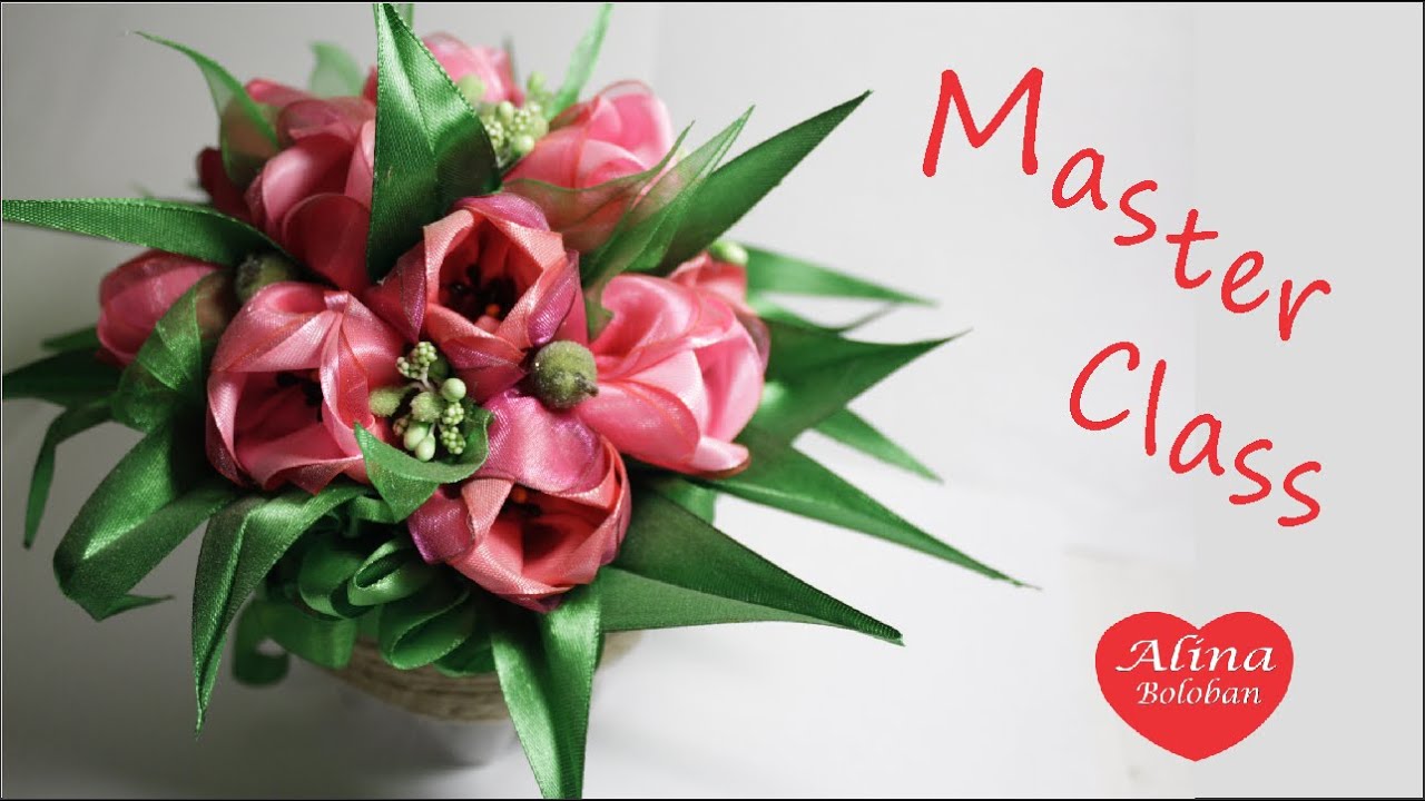 Тюльпаны из Лент Подарочный Горшочек с Цветами / Satin ribbon flowers. DIY