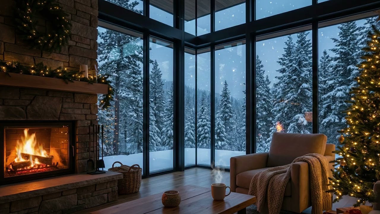 Relaxing Christmas Jazz in a Modern Cabin | Fireplace Crackling & Snowfall View