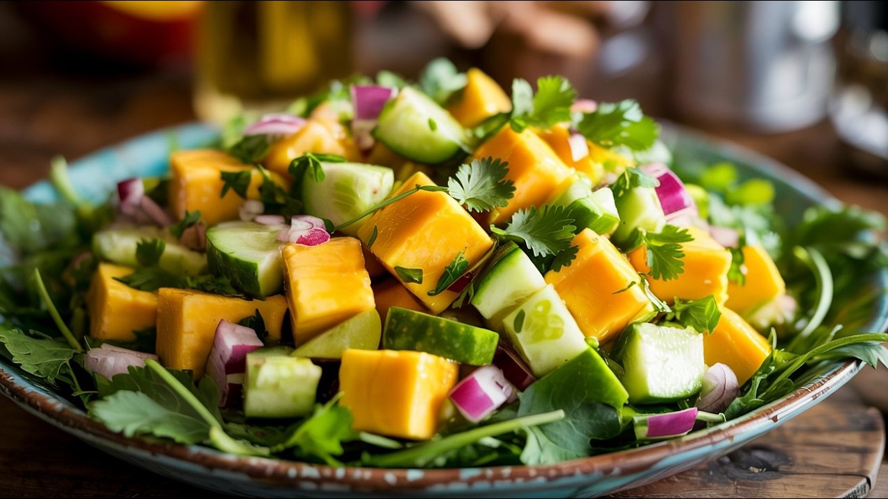 Nadie imagina lo deliciosa que queda esta ensalada de mango y pepino con pocos ingredientes 🥒