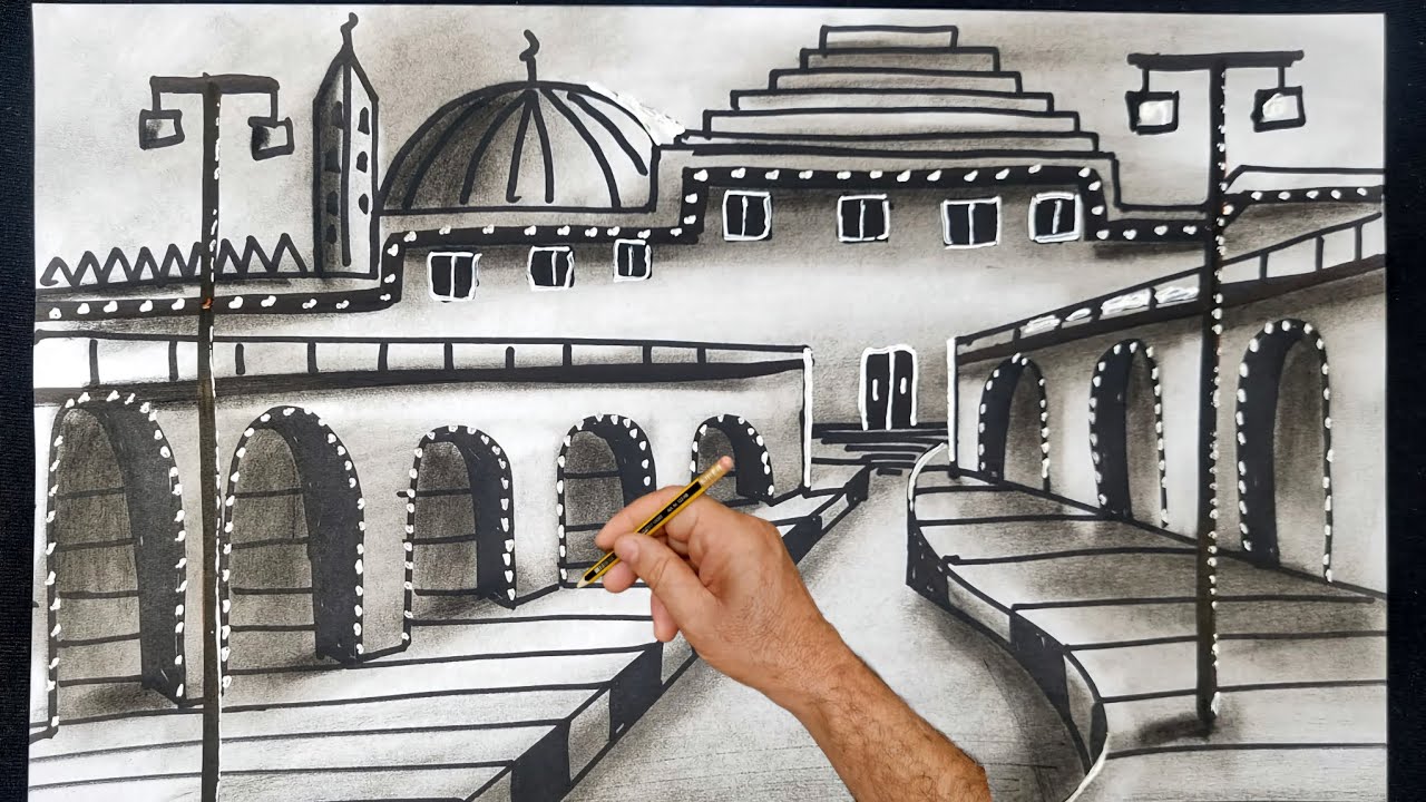 كيف ارسم بناء .ورسم مسجد مع سور .ورسم منظر الحارات .رسم منظر طبيعي