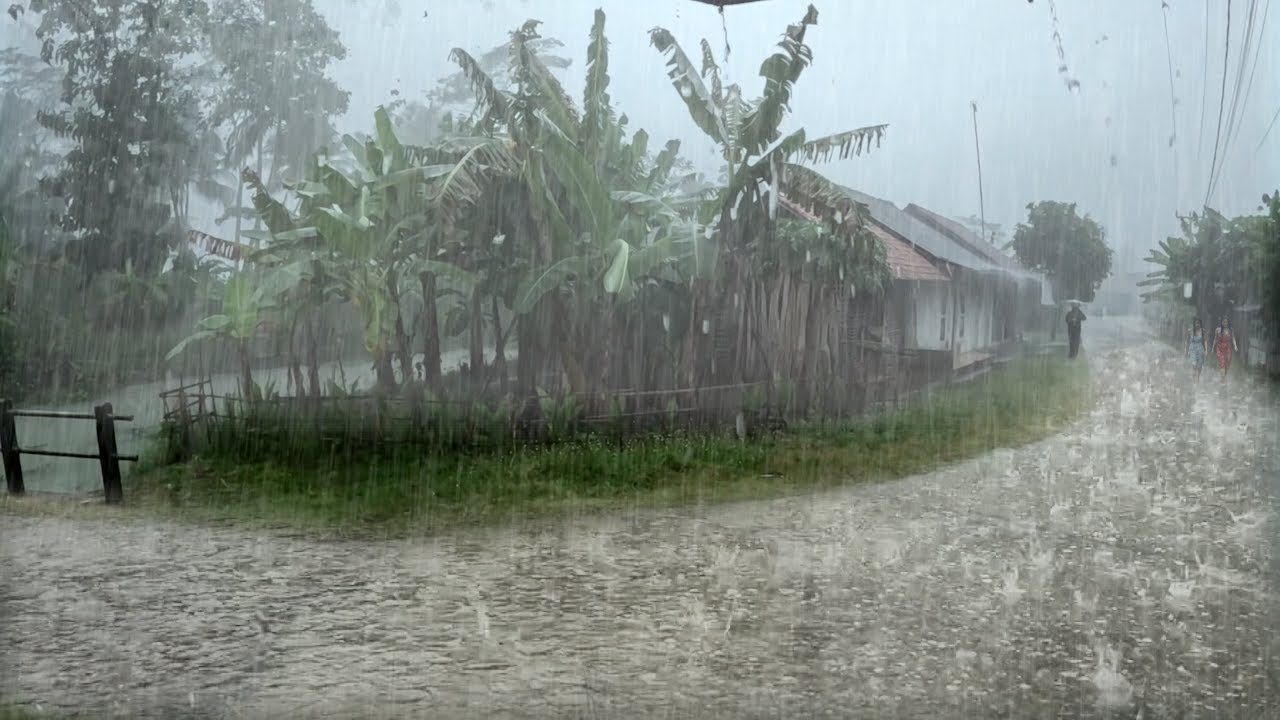 Walking in Violent Rainstorm with Strong Wind and Thunder in Remote Village Night ASMR 4K Video 877