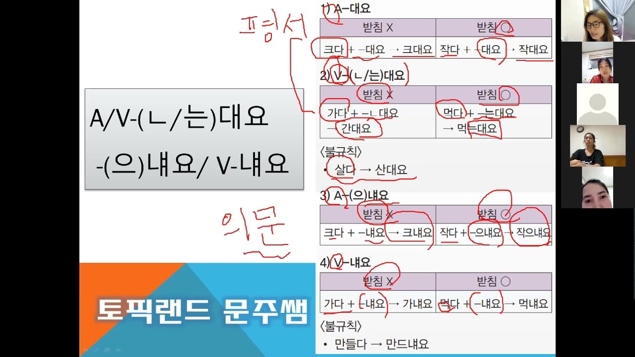 는대요 으냬요 재요 래요