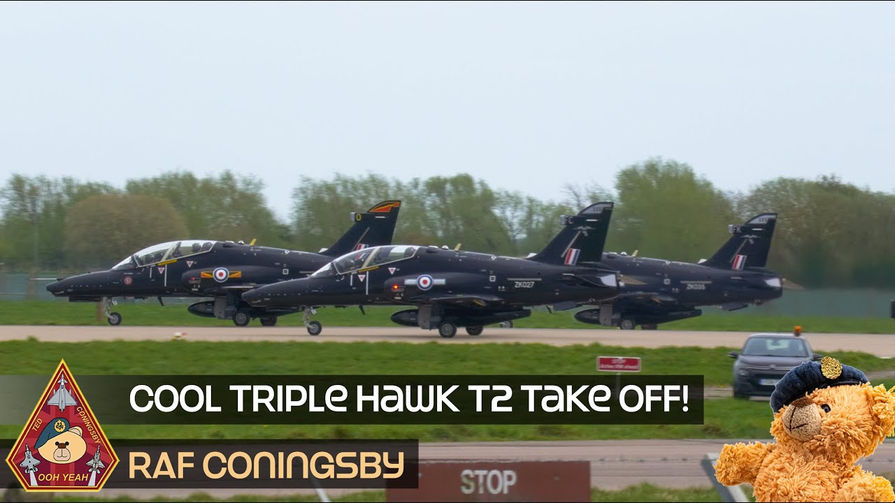 SPECTACULAR TRIPLE TAKE OFF HAWK T2 DEPARTING RAF CONINGSBY • THREE SHIP DEPARTURE
