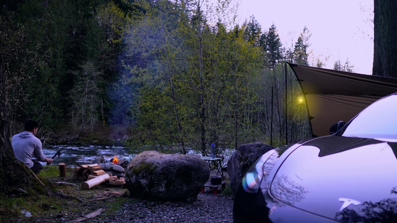 Tesla Model 3 Car Camping - Deep in Mountain Forest by a River | Dinner on Campfire