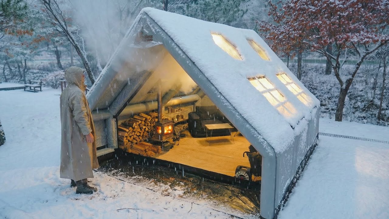 Зимний снежный кемпинг с дровяной печью в надувной палатке ❄️🔥