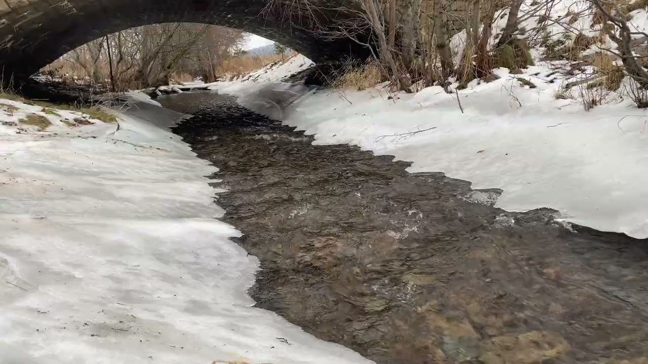 Mountain Stream Under Stone Bridge | Winter Water Sounds for Relaxation (1 Hour)