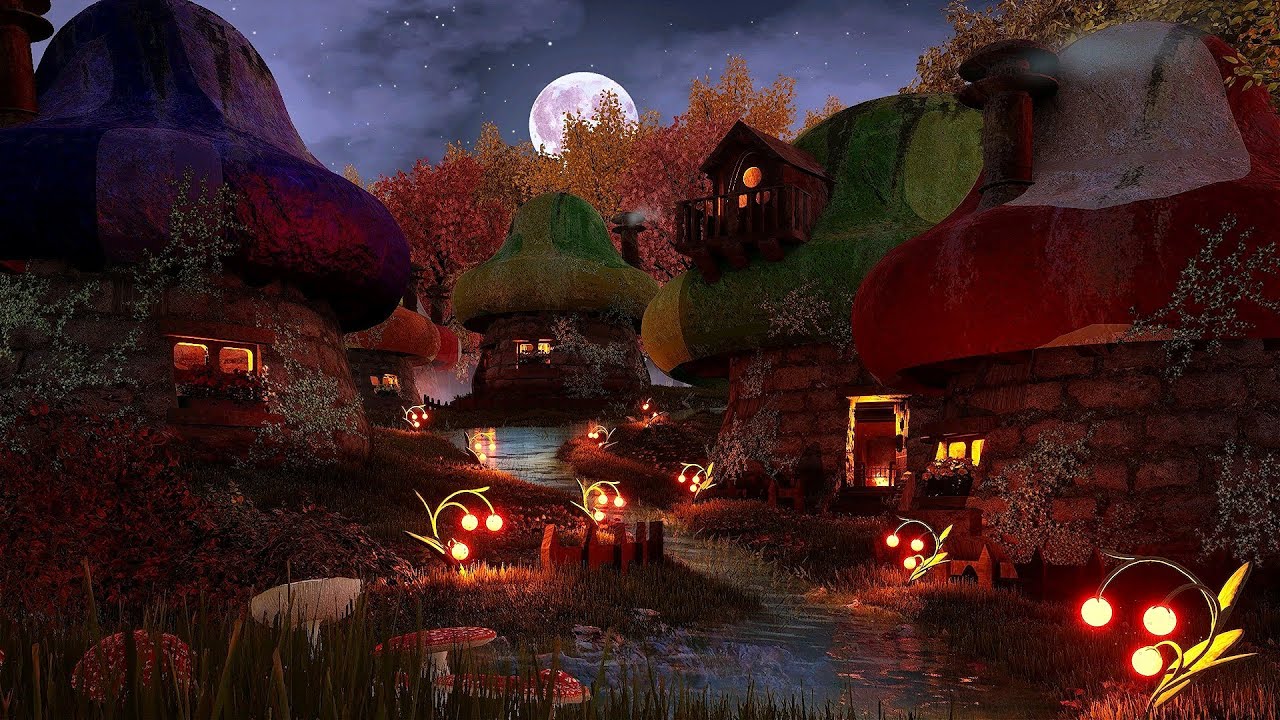 Mushroom Village in an Autumn Starry Night - Cozy Fantasy Village Ambience - Stream and Night Sound