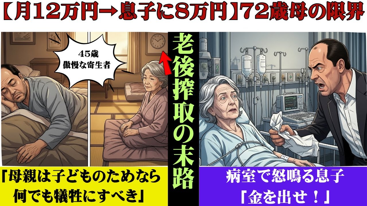 【漫画】「お前の年金で俺を養え」と迫る無職の息子45歳。母親72歳は月12万の年金から毎月8万を渡し続け…ある日限界を迎えた時【老後搾取・母の決断】