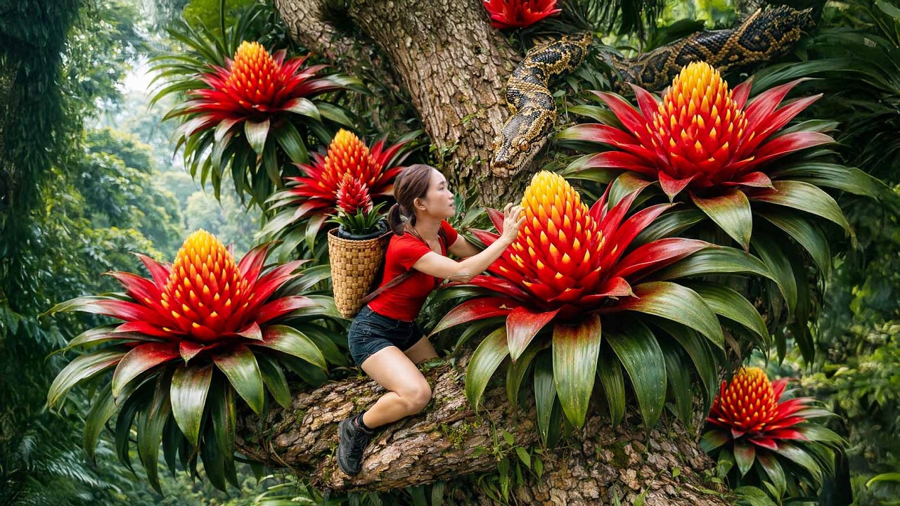 Brave Girl Harvests GIANT Fire-Red Bromeliads as a Giant Python Watches 😱🐍 | Wild Survival