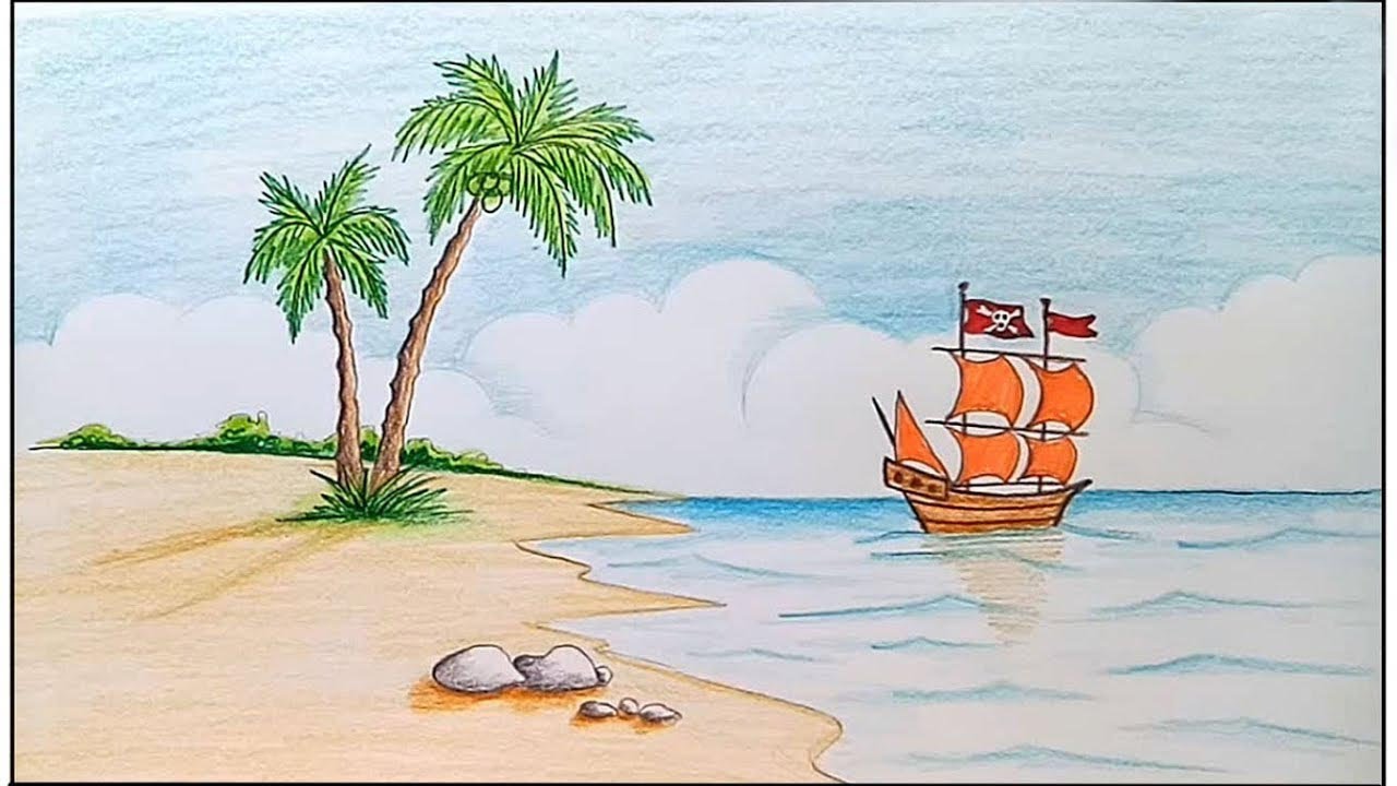 How to draw scenery of island with pencil color step by step