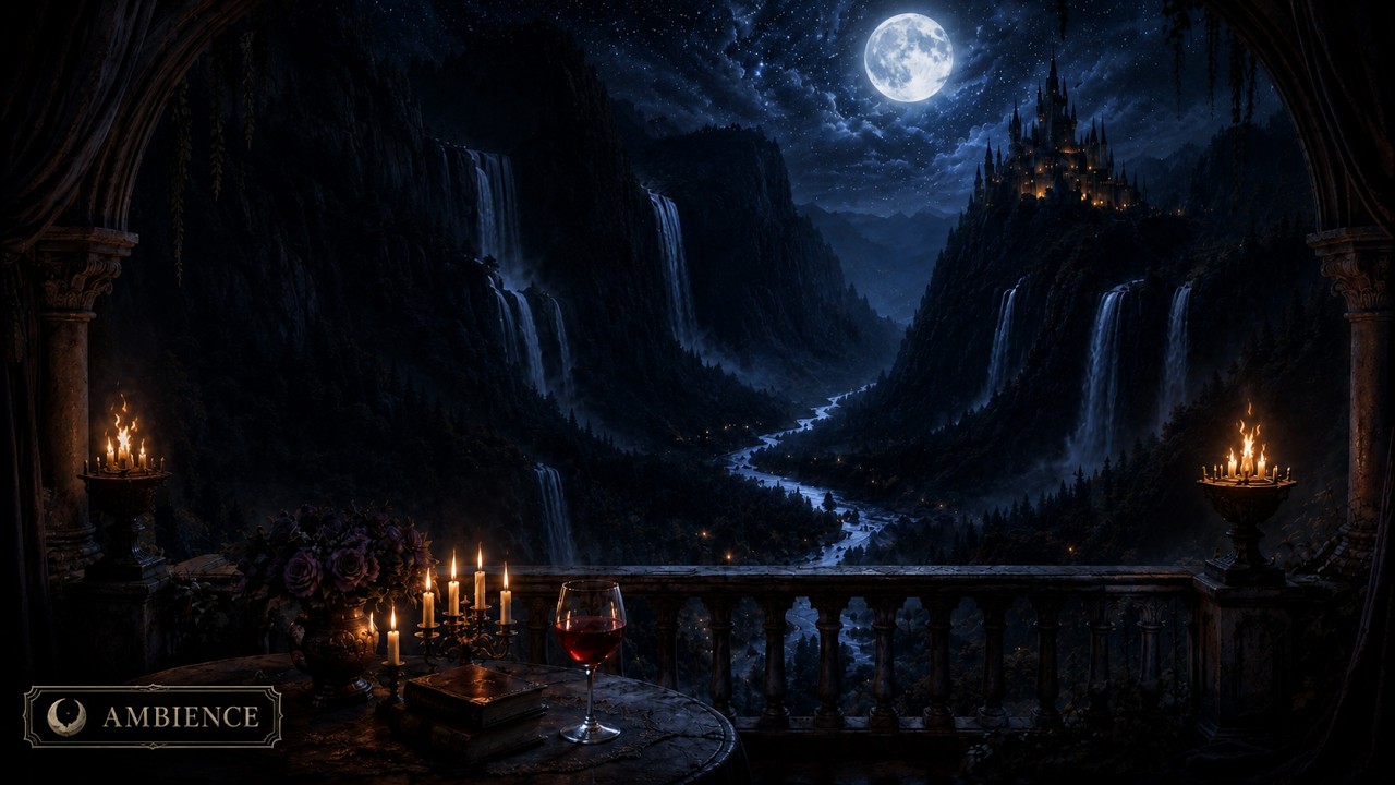 A Glass of Midnight | Starlit Strings + Night Valley Waterfalls | Dark Fantasy Ambience