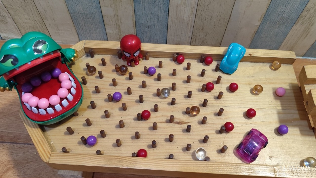 Marble run race with wooden track and colour marbles #85