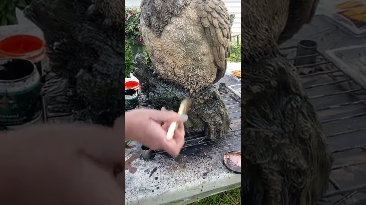 Painting owl statue Part 3 of 6 color application on base/stump