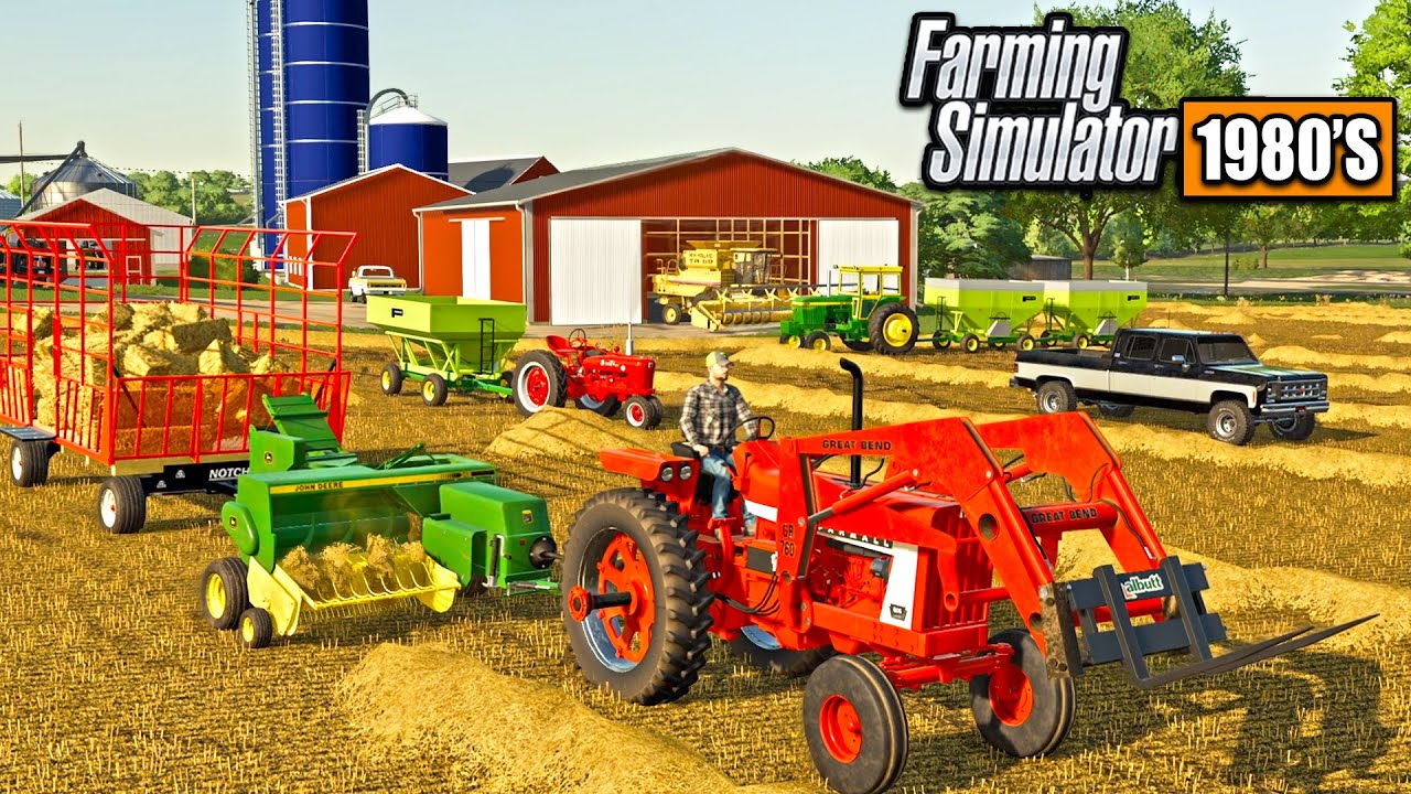 1980'S AMERICAN FARM! BALING STRAW, FEEDING HOGS & HARVESTING! (ROLEPLAY)