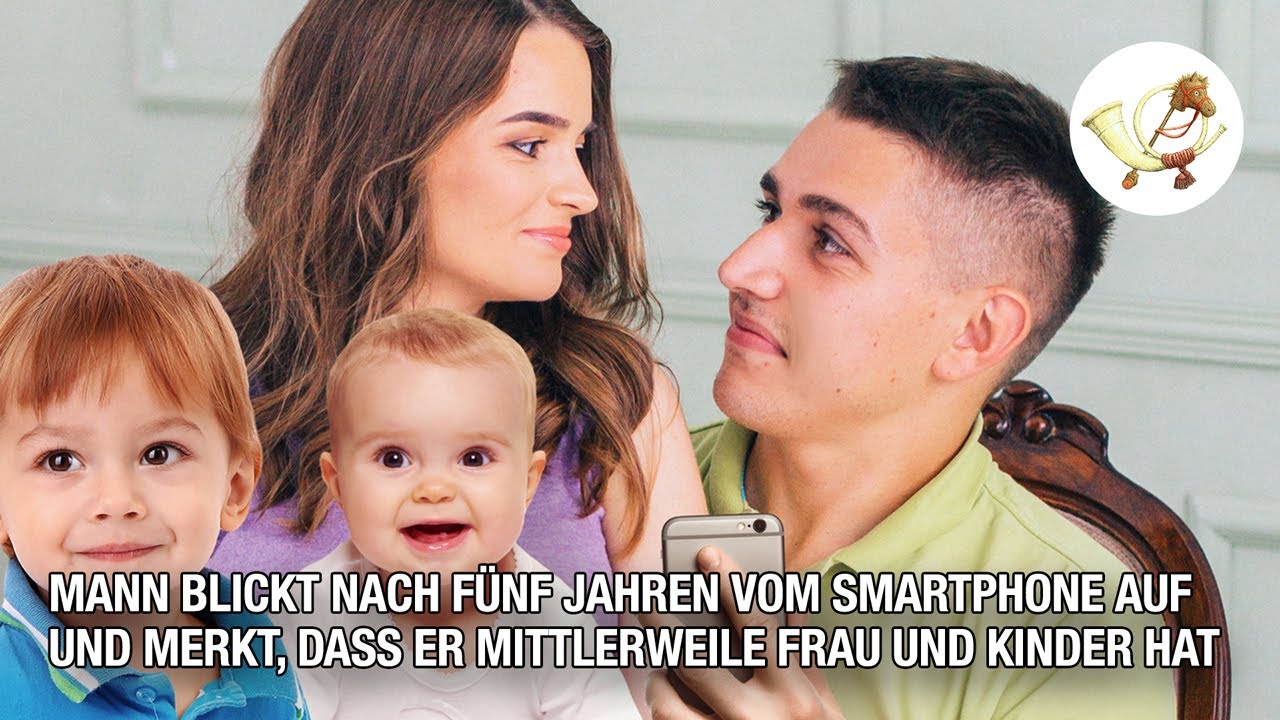 Mann blickt nach 5 Jahren vom Smartphone auf und merkt, dass er mittlerweile Frau und Kinder hat
