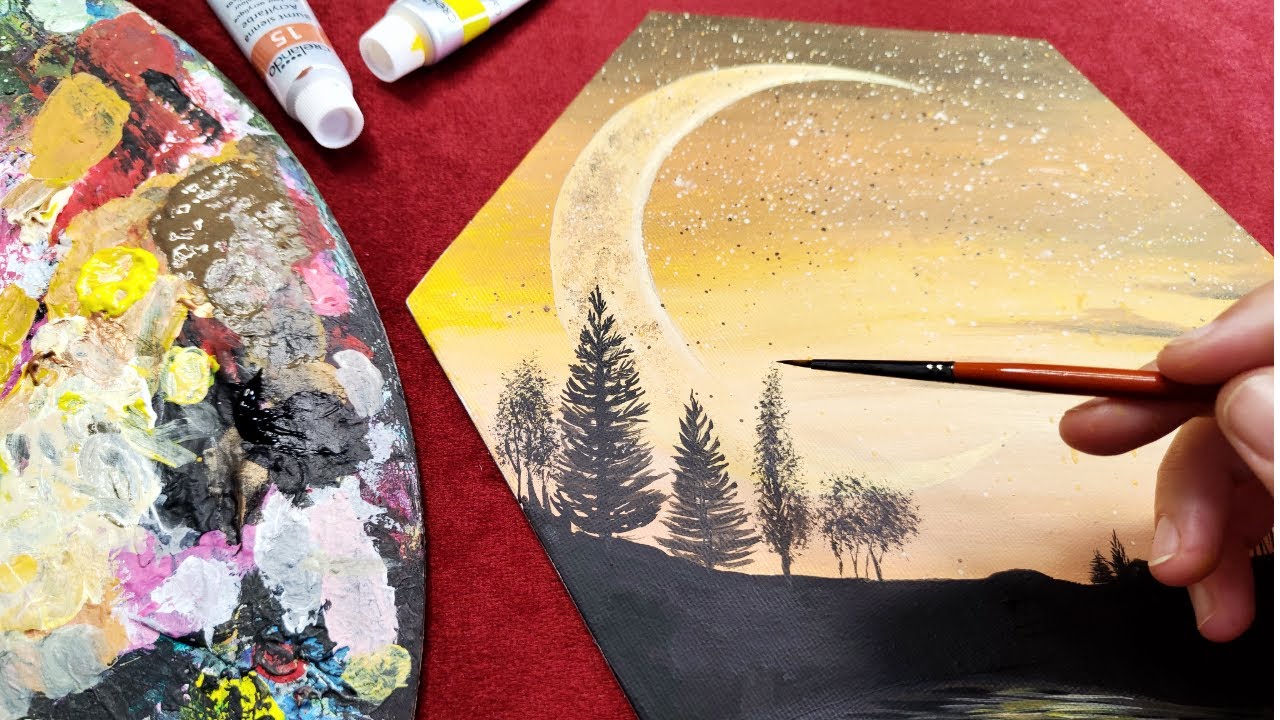 ✨ Огромная пастельная Луна | Ночь, Лес, Месяц |Акриловая живопись 🌙🎨