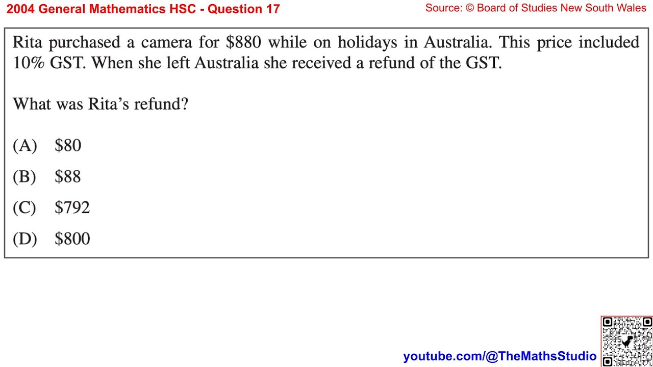 2004 General Maths HSC Q17 How to find value of GST included in item selling price