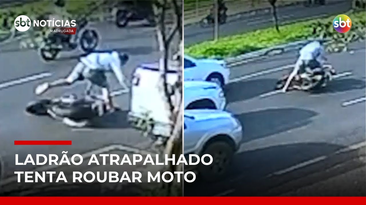 Criminoso atrapalhado tenta furtar moto, mas cai duas vezes e foge | #SBTNotícias