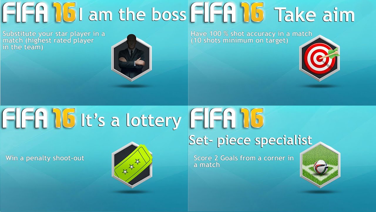 FIFA 16: Achievements  Take aim  , set piece specialist , it's a lottery , i am the boss