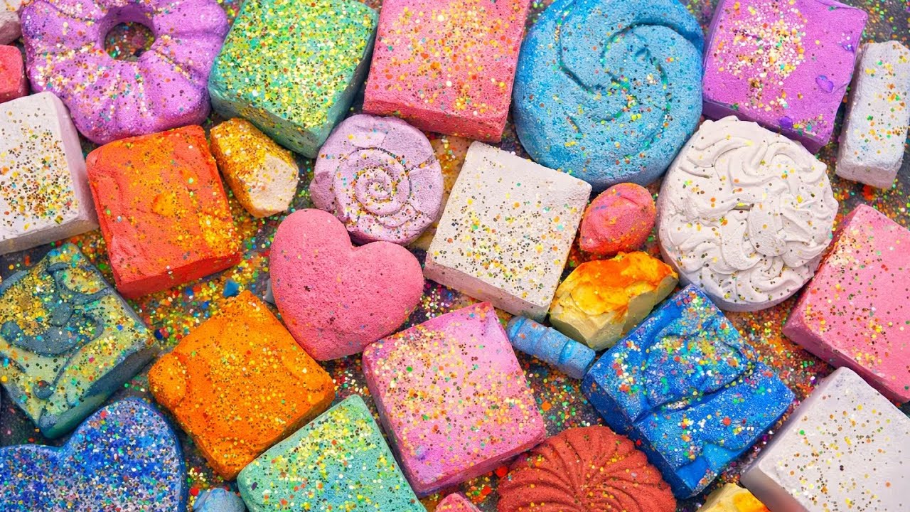 Compilation of colourful dyed gym chalk blocks+ gritty reforms topped by glitter ✨🪩