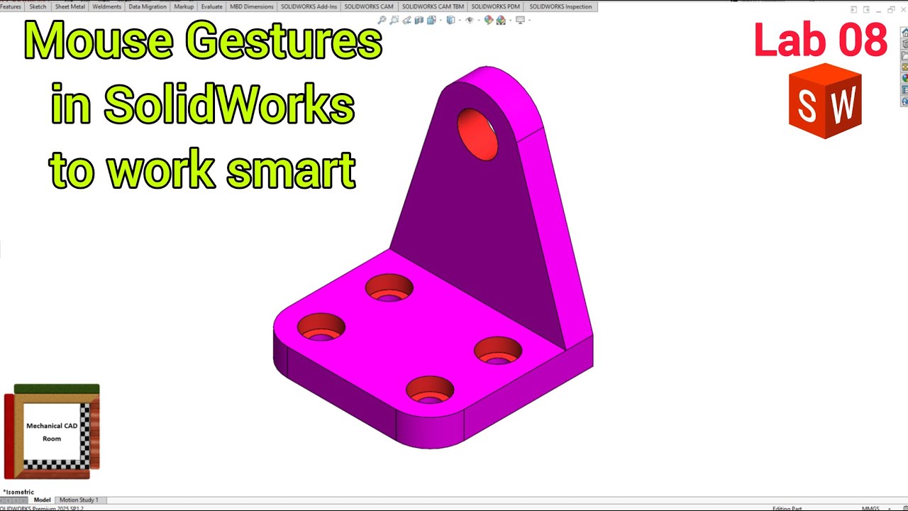 SolidWorks Basic Part | Mouse Gesture Workflow | Fast Sketching, Extrude, Fillet | Lab 08