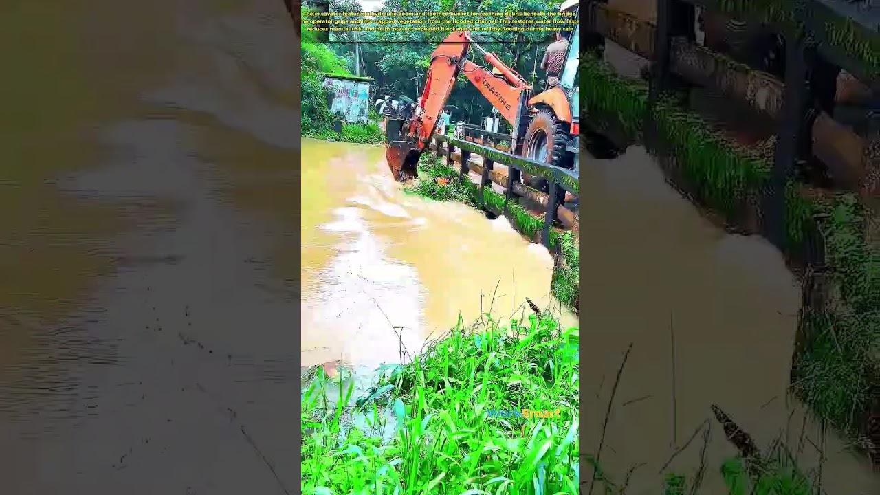 How a Powerful Excavator Clears Dangerous Blockages Beneath a Flooded Bridge! 🚜🌊 #excavator