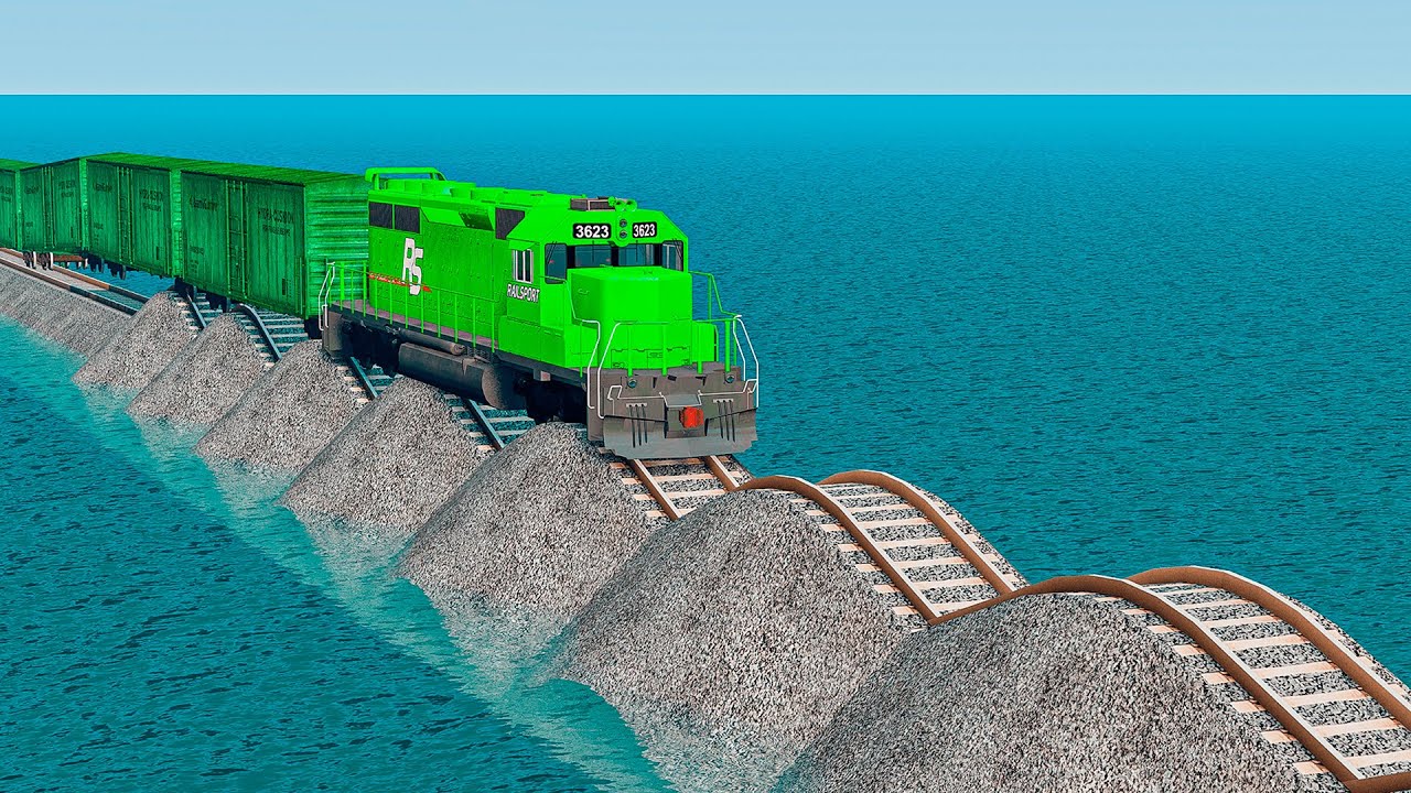 Double Colorful Trains Vs Wavy Long Impossible Weird Rail Tracks Crossing Deepwater | BeamNG.drive
