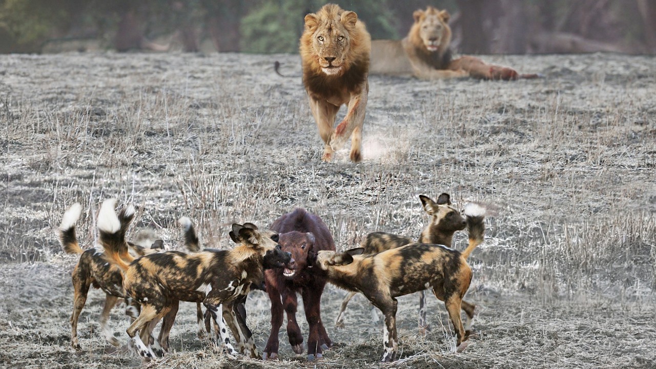 Lions Come Across Wild Dogs Catching Twin Baby Buffaloes