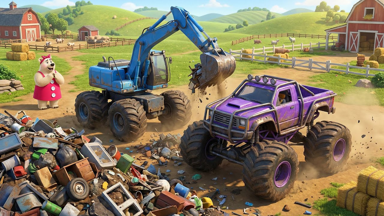 Trash Be Gone! Bear, Excavator, and Monster Truck Take Action! 🚚💥 | Fun Vehicles Animation