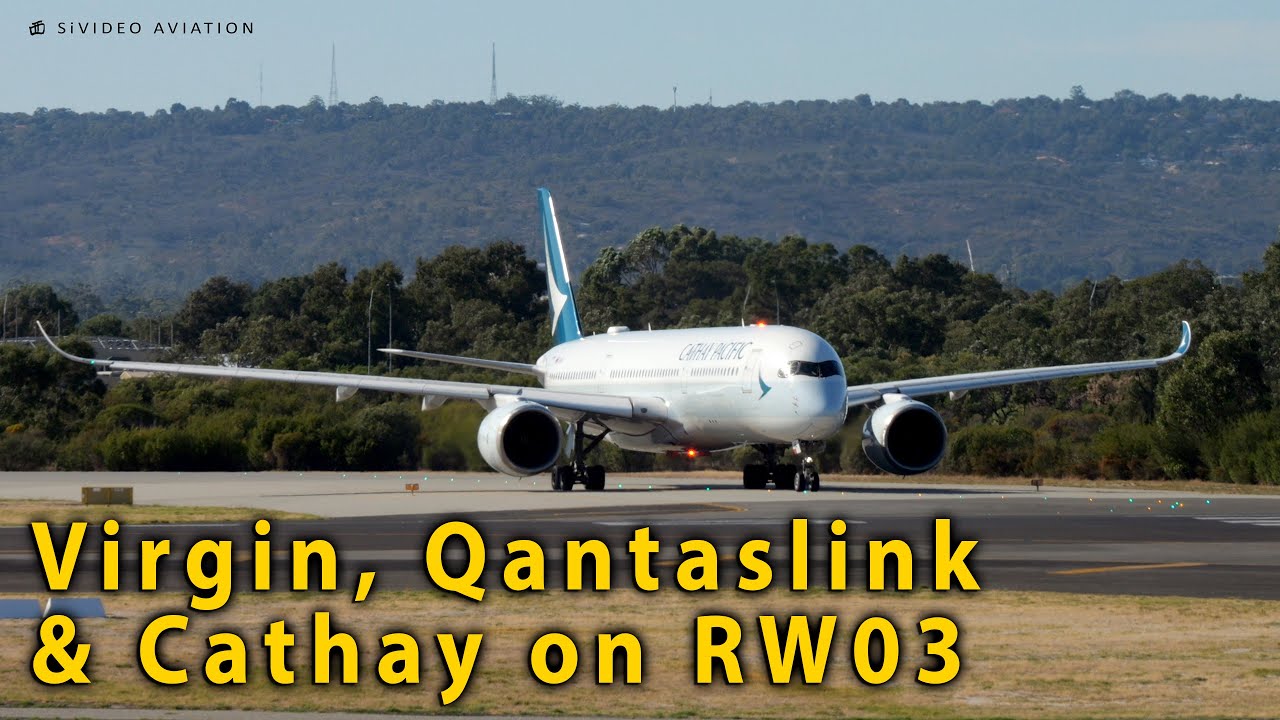 Virgin (VH-8ID) & QantasLink (VH-NHA) arrive & Cathay Pacific (B-LRE) departs RW03 at Perth Airport.